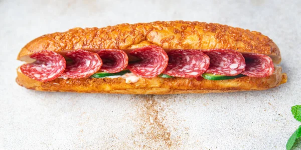 Sandwich Salsiccia Fast Food Pasto Fresco Spuntino Sulla Tavola Copia — Foto Stock