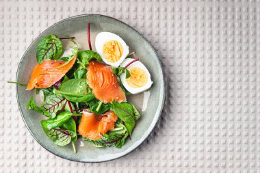 Salata tuzlu somon, yumurta, yeşil yaprak taze marul taze porsiyon sağlıklı besin diyet aperatifi fotokopi uzayı yemek arka planı kırsal keto veya paleo diyet vejetaryen vejetaryen diyeti