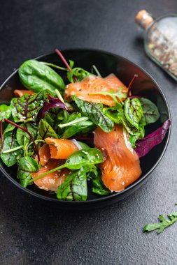 somon salatası haşlanmış yumurta, yeşil yapraklar marul taze yemek diyet atıştırmalığı masanın üzerinde fotokopi alanı yemek arka planı 