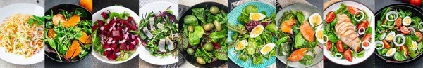 Collage Alimentos Frescos Ensalada Mezcla Ensaladas Varios Tipos Diferentes Porción — Foto de Stock
