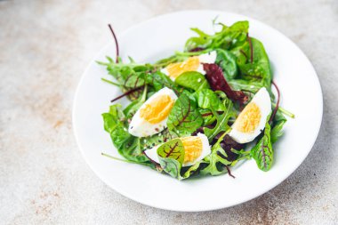 Yumurta salatası yeşil yapraklar taze porsiyon beslenme sağlıklı yemek aperatiflerini fotokopi masasında karıştırır. 