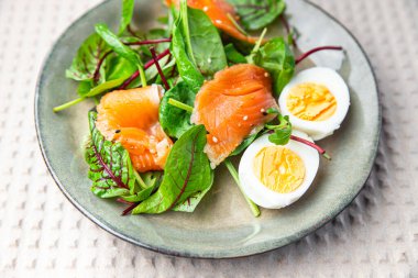 Salata somonu, yumurta, yeşil yaprak marul taze porsiyon sağlıklı yemek diyet atıştırmalığı fotokopi masasında 