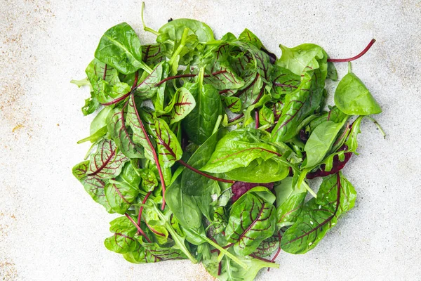 Salat Grüne Blätter Mischen Mikrogrünen Saftigen Snack Fertiggerichte Auf Dem — Stockfoto