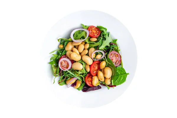 白豆沙拉 西红柿 生菜混合新鲜健康饮食零食桌上抄袭太空食品背景 — 图库照片