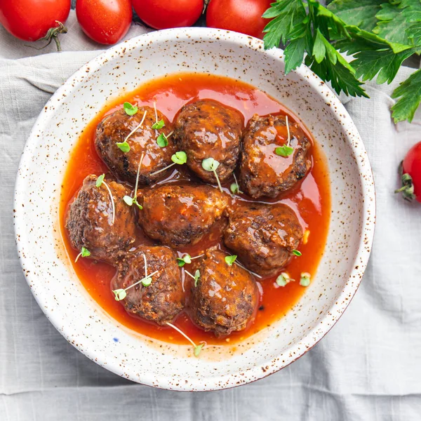 Meatballs Tomato Sauce Meat Meatball Fresh Meal Food Snack Table — Stock Photo, Image