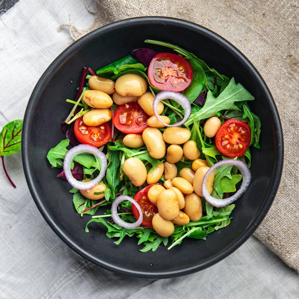 Insalata Fagiolo Bianco Pomodoro Foglie Mix Lattuga Fresco Pasto Sano — Foto Stock