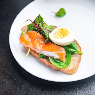 Sandviç yumurtalı somon balığı smorrebrod yeşil salata karışımı deniz ürünleri açık taze porsiyon yemek atıştırmalığı fotokopi alanı arka planında 