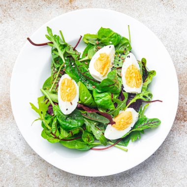 yeşil salata yumurta yaprakları taze öğle yemeği diyeti yemek atıştırmalıkları fotokopi odası arka planında 