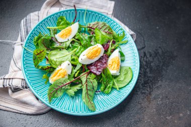 yeşil salata yumurta yaprakları taze öğle yemeği diyeti yemek atıştırmalıkları fotokopi odası arka planında 