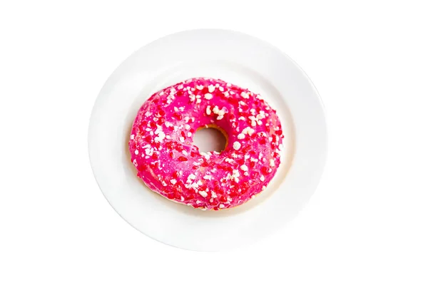 ドーナツピンクの甘いデザートアイシング釉薬新鮮な食事食べ物ダイエットスナックテーブルの上にコピースペースフード背景素朴なトップビュー — ストック写真
