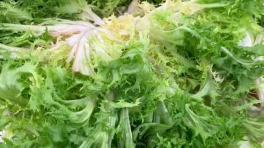 Marul, markette yeşil taç yaprakları tezgahında sağlıklı yemek diyeti aperatifleri masada fotokopi uzayı arka plan kırsal üst görüş keto veya paleo diyet vejetaryen veya vejetaryen gıdalar bırakır.