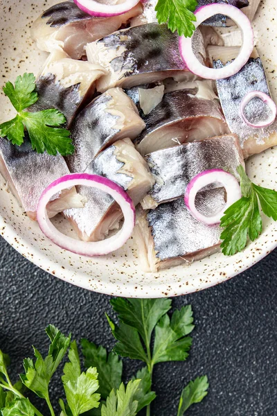 Σκουμπρί Ψάρια Φέτα Θαλασσινά Μπολ Φρέσκο Γεύμα Σνακ Τροφίμων Στο — Φωτογραφία Αρχείου