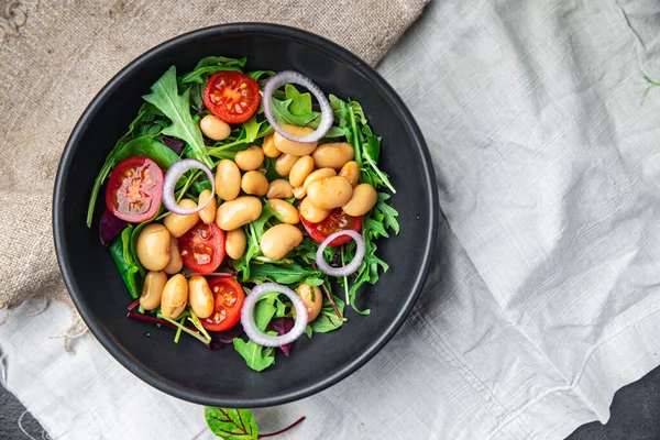 Tomate Feijão Salada Cebola Folhas Alface Misturam Refeição Saudável Fresca — Fotografia de Stock