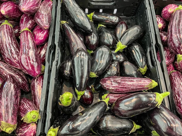 Padlizsán Gyümölcs Pulton Bolt Egészséges Étel Diéta Snack Asztalon Másolás — Stock Fotó