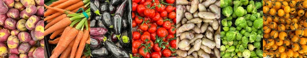 Kollázs Élelmiszer Zöldségek Különböző Típusú Gyümölcsök Piacon Áruház Egészséges Étel — Stock Fotó