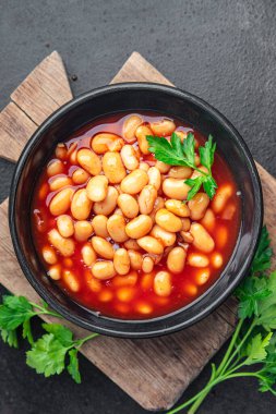 Fasulye sosu fasülye fasulyesi taze sağlıklı yemek abur cubur diyeti masada fotokopi uzayı yemek arka plan kırsal üst görüş keto veya paleo diyet vejetaryen veya vejetaryen yemeği et yok.