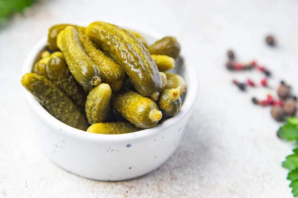 Gherkins Cucumber Salted Pickled Vegetable Food Meal Snack Table Copy — стоковое фото