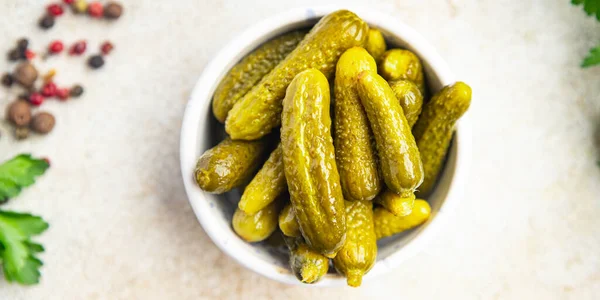 Gherkins Cucumber Salted Pickled Vegetable Food Meal Snack Table Copy — стоковое фото