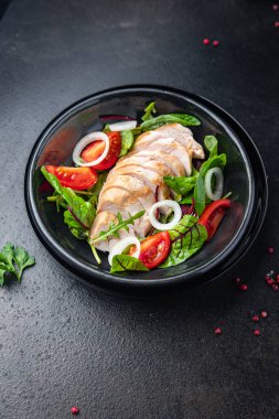 salad chicken meat vegetable tomato, chicken breast, green mix leaves lettuce food snack on the table copy space food background 