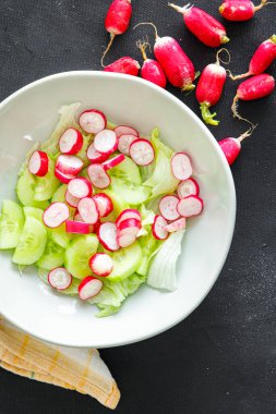 Sebze salatası turpu, salatalık, sebze yaprağı taze sağlıklı yemek abur cubur diyeti masada fotokopi uzayı arka planı kırsal manzaralı vejetaryen ya da vejetaryen