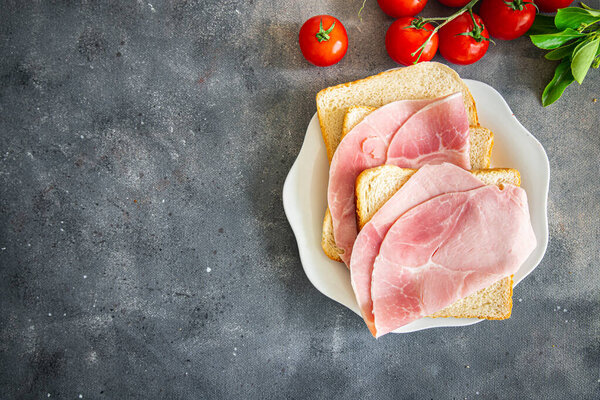 Meat Sandwich Pork Ham Sausage Fresh Meal Food Snack Table Stock Picture