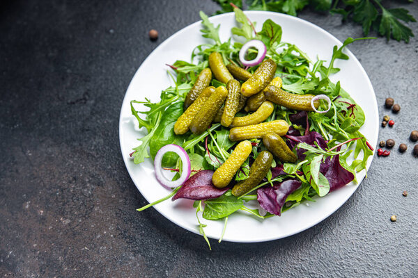 Gherkins Salad Cucumber Salty Green Leaves Mix Fresh Meal Snack Royalty Free Stock Photos