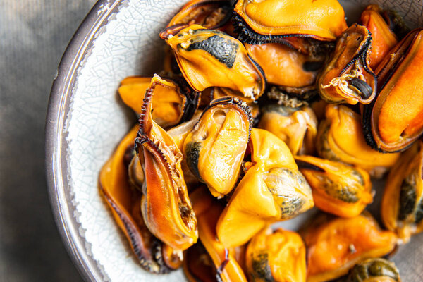 Mussels Seafood Fresh Healthy Meal Food Snack Diet Table Copy Stock Photo