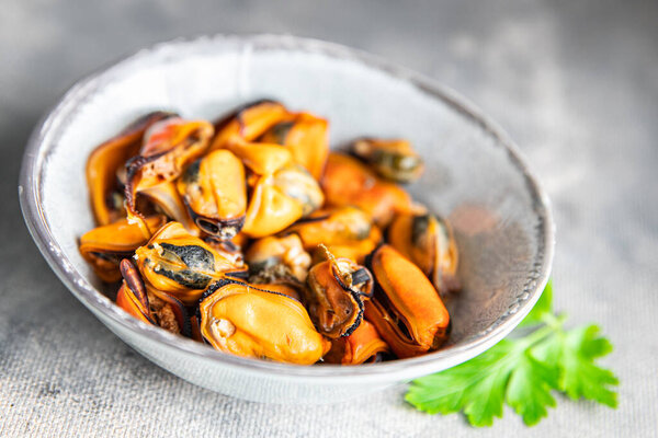 Mussels Seafood Fresh Healthy Meal Food Snack Diet Table Copy Stock Image