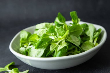 Makarna salatası yeşil yaprak mung fasulyesi marul taze sağlıklı yemek atıştırmalık diyet masa üzerinde fotokopi uzay yiyecekleri arka plan kırsal üst görüş keto veya paleo diyet vejetaryen veya vejetaryen gıda