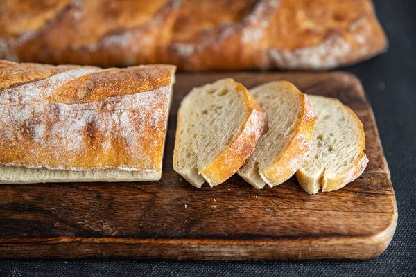 Baguete Pão Comida Lanche Mesa Cópia Espaço Comida Fundo Rústico — Fotografia de Stock