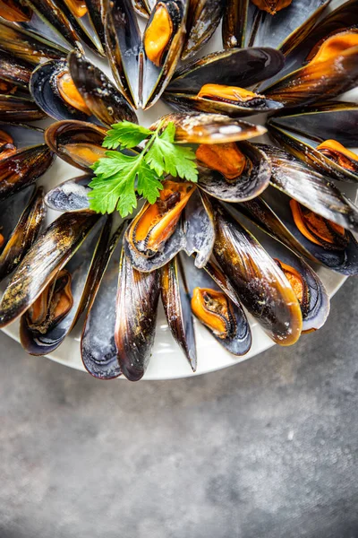 Fresh Mussels Shells Seafood Meal Table Copy Space Food Background — Stock Photo, Image