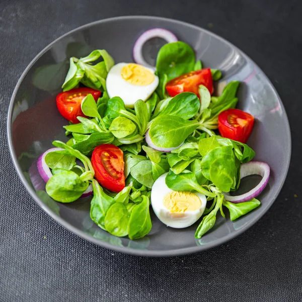Salad Egg Vegetables Tomato Onion Leaves Lettuce Green Mix Petals — Stock fotografie