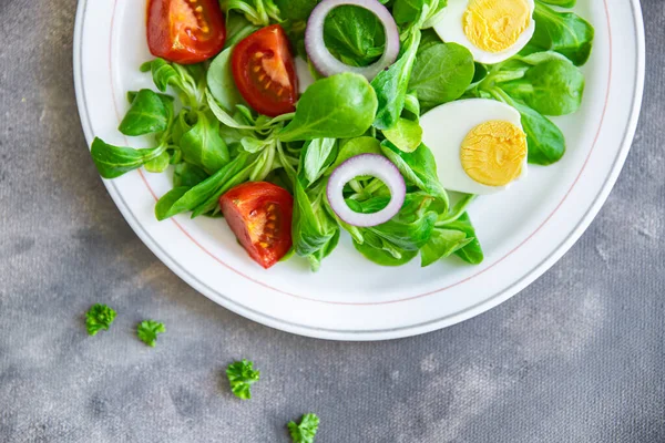 Salad Egg Vegetables Tomato Onion Leaves Lettuce Green Mix Petals — Fotografia de Stock
