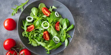 salata sebze domates, soğan, marul karışımı, mache yeşil sağlıklı yemek atıştırmalığı diyeti masada fotokopi uzayı arka plan kırsal manzarası  