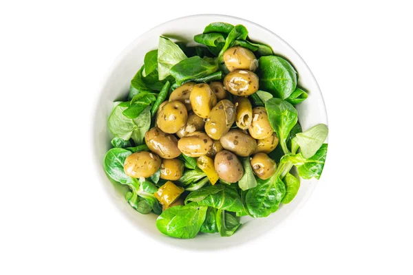 Olive Salad Green Leaf Lettuce Mache Corn Lettuce Fresh Healthy — 图库照片