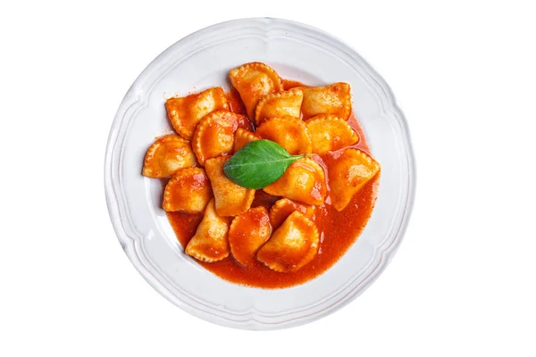 Ravioli Ryby Nadziewane Makaron Sos Pomidorowy Świeże Danie Zdrowy Posiłek — Zdjęcie stockowe