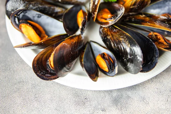 Mussels Shells Fresh Seafood Meal Table Copy Space Food Background — 스톡 사진