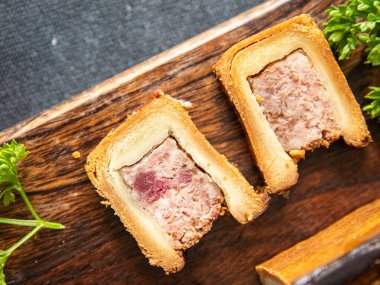 pate croute meat dough pork or beef, chicken french food meal snack on the table copy space food background  