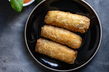 Nem food meat vegetable nems spicy sauce cuisine deep fried spring rolls fresh meal on the table copy space food background