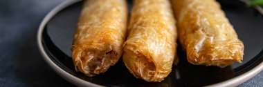 Nem food meat vegetable nems spicy sauce cuisine deep fried spring rolls fresh meal on the table copy space food background