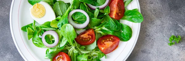 Egg Salad Vegetable Tomato Onion Leaves Lettuce Green Mix Fresh — Fotografia de Stock