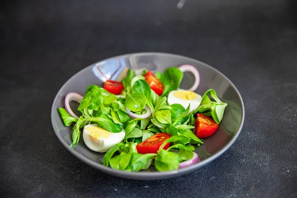 Egg Salad Vegetable Tomato Onion Leaves Lettuce Green Mix Fresh — Fotografia de Stock