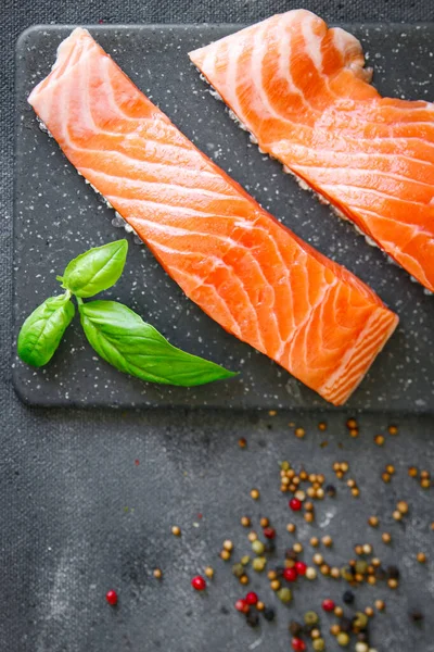 Raw Salmon Fish Seafood Fresh Meal Food Snack Table Copy — 스톡 사진