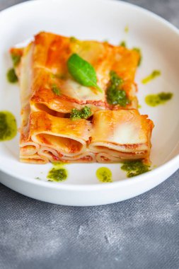 pasta ziti lasagna vegetarian food no meat tomato sauce, casserole fresh healthy meal food snack on the table copy space food background