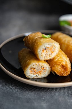 Nem asian food meat vegetable nems spicy sauce cuisine deep fried spring rolls fresh meal on the table copy space food background