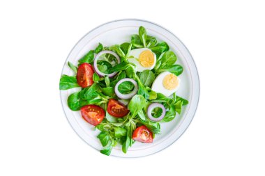 green salad egg, vegetable  tomato, onion, leaves lettuce mix fresh healthy meal food snack on the table copy space food background 