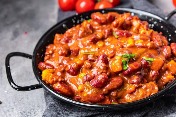 Chili Con Carne Beans Corn Meat Tomato Healthy Meal Food — Stockfoto
