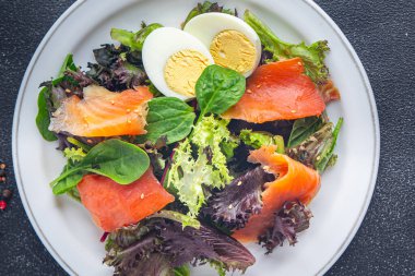 somon salatası kırmızı balık aperatifi taze yemek sağlıklı yemek abur cubur diyeti masa başı yemek arka planında 