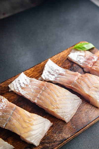 Fisch Seelachsfilet Rohe Meeresfrüchte Frisch Gesunde Mahlzeit Nahrung Snack Ernährung — Stockfoto