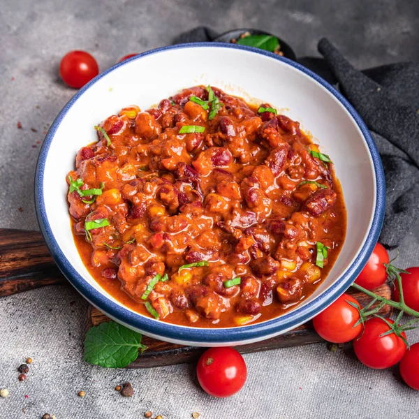 Hili Con Carne Bohnen Mais Fleisch Tomaten Gesunde Mahlzeit Snack — Stockfoto